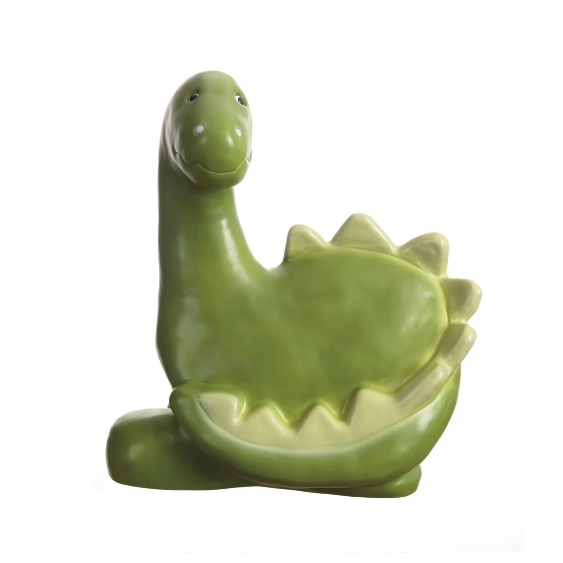 Green dinosaur-shaped object on a white background