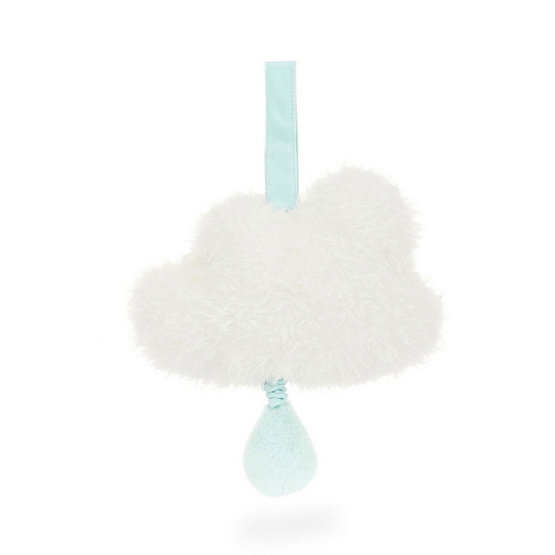 Cloud-shaped musical pull toy with a blue strap on a white background