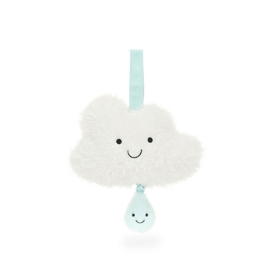 Cloud-shaped musical pull toy with a smiley face on a white background