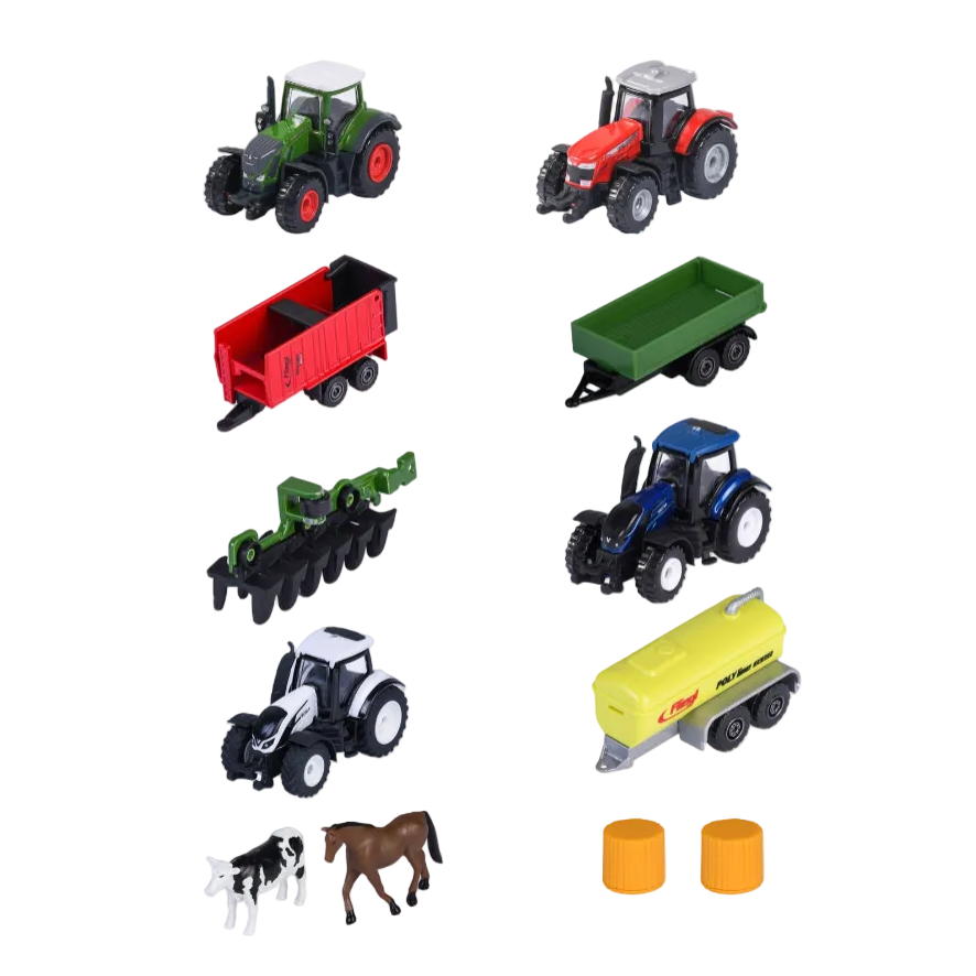 Collection of toy farm vehicles and animals on a white background