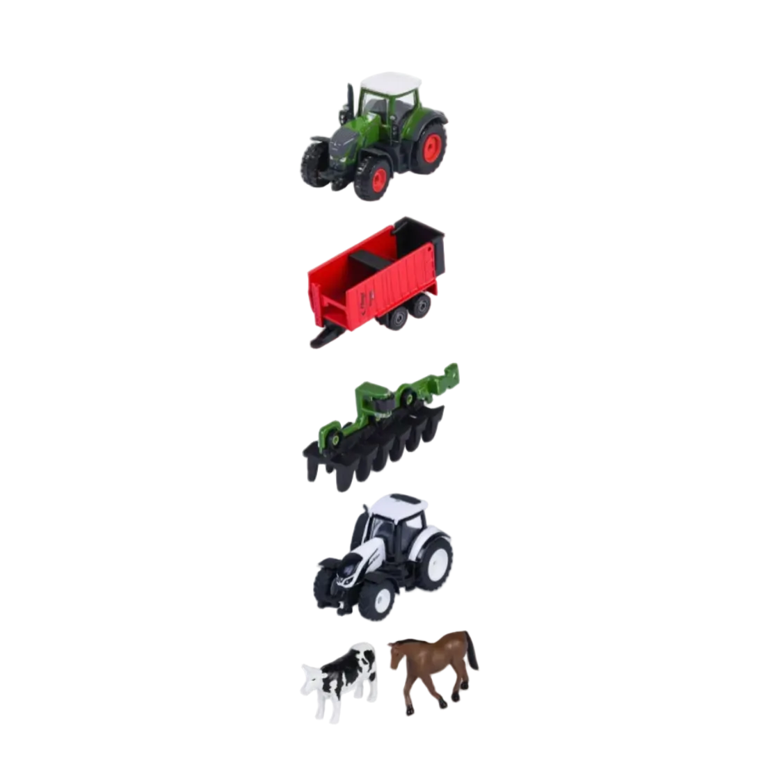 Collection of toy farm vehicles including tractors and trailers on a white background
