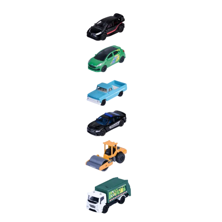 Set of miniature toy vehicles on a white background