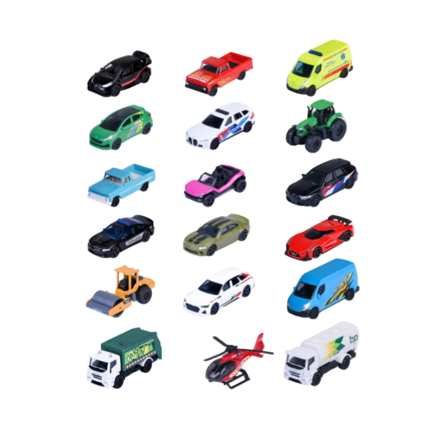 Collection of small model cars on a white background