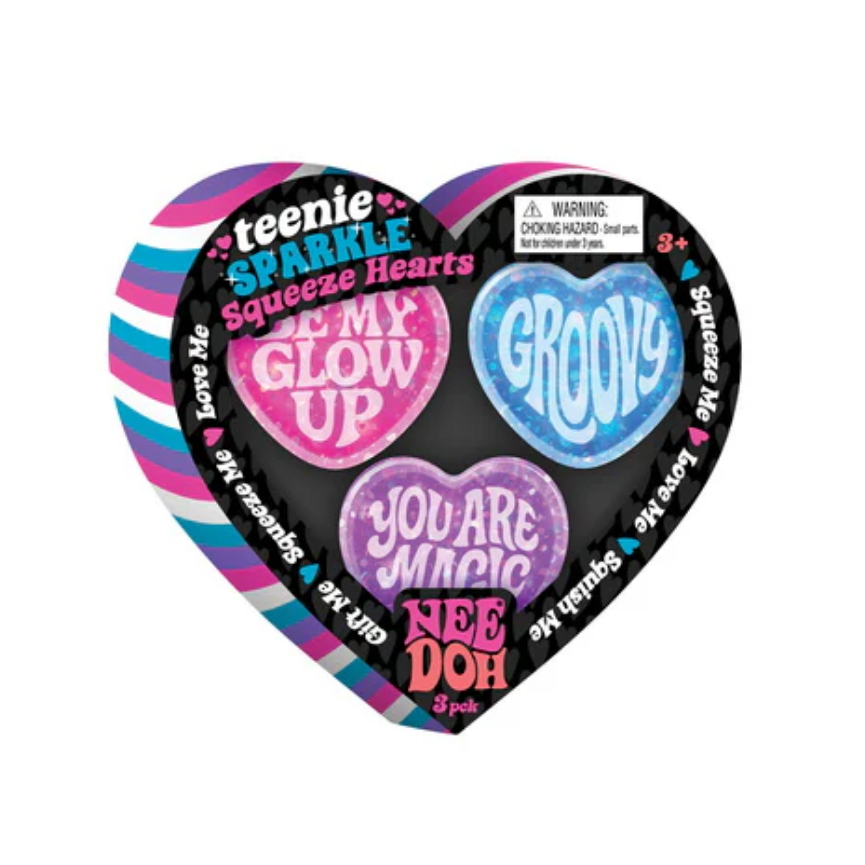 Heart-shaped container of Teenie Sparkle Squeeze Hearts with colorful text on a white background