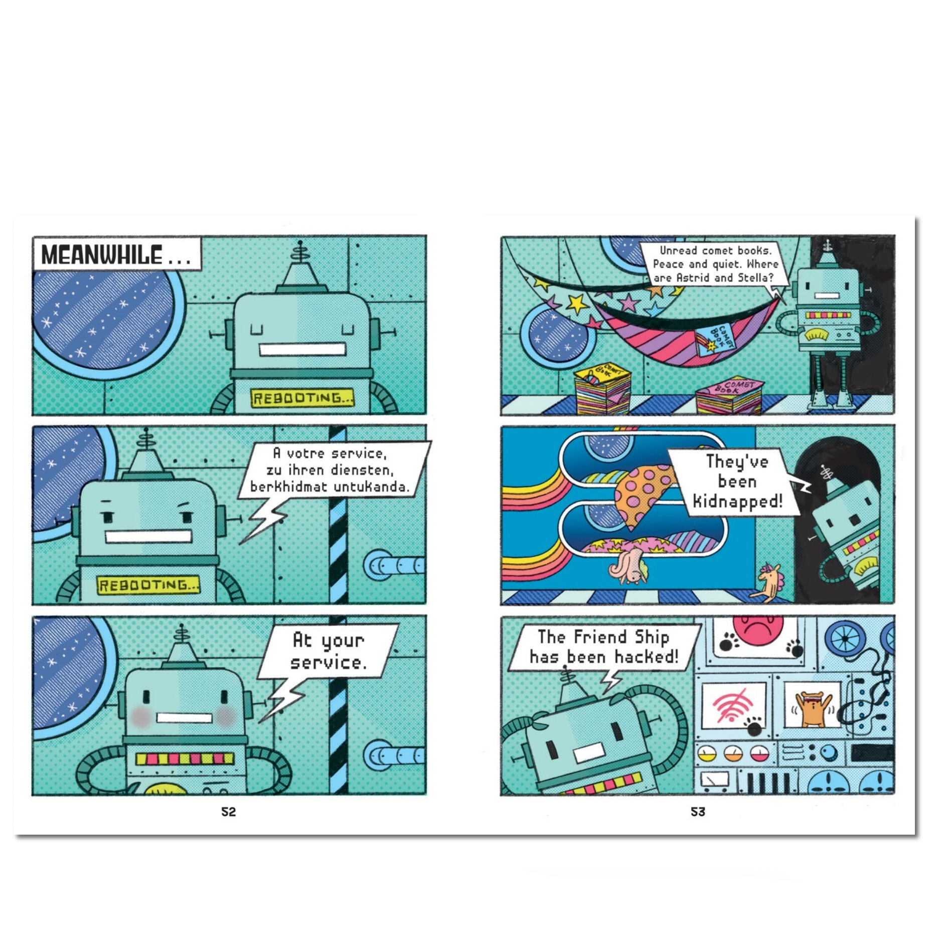 Comic strip with robot characters on a computer screen