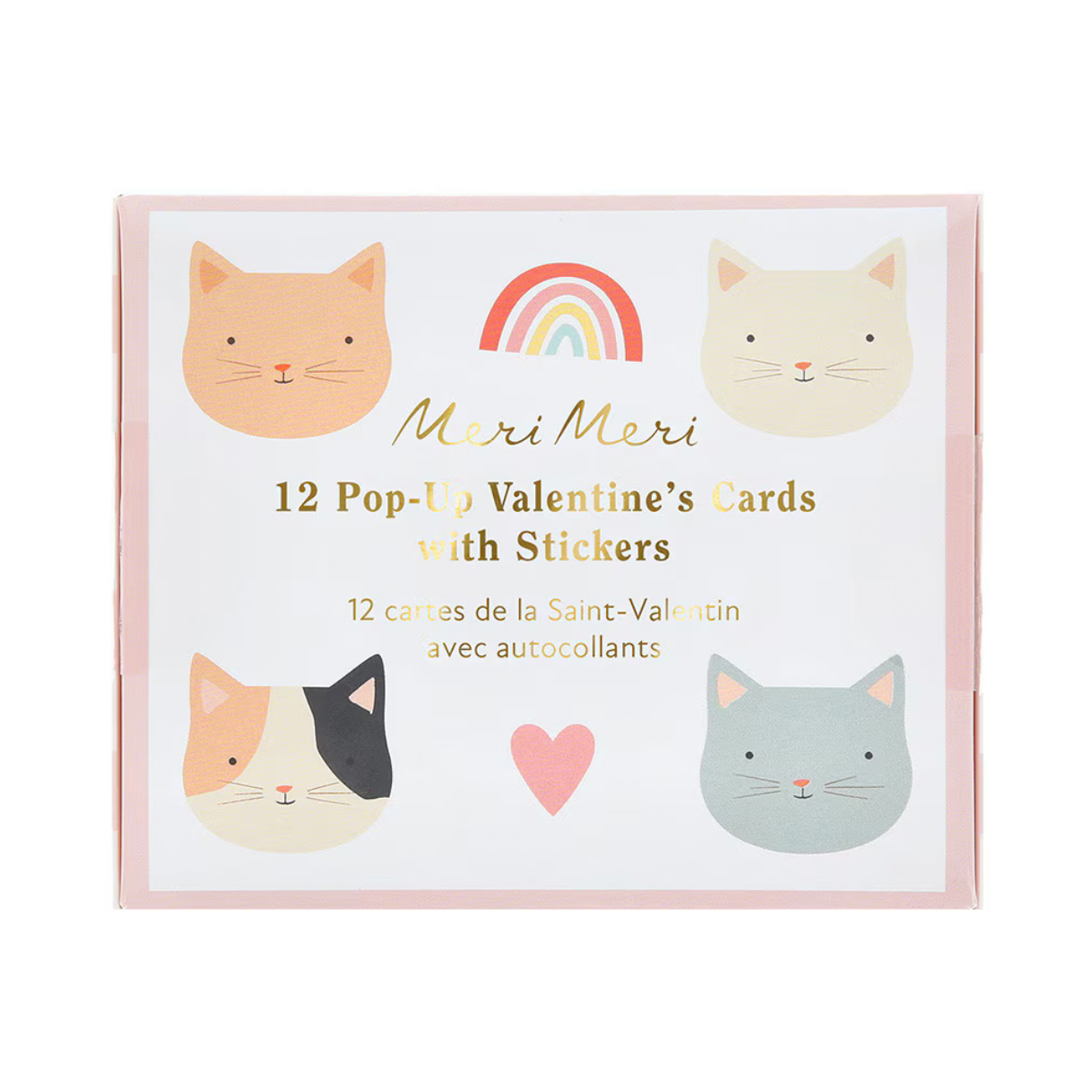 Packaging of 12 Valentine's Day cards with stickers featuring cat illustrations and a rainbow.