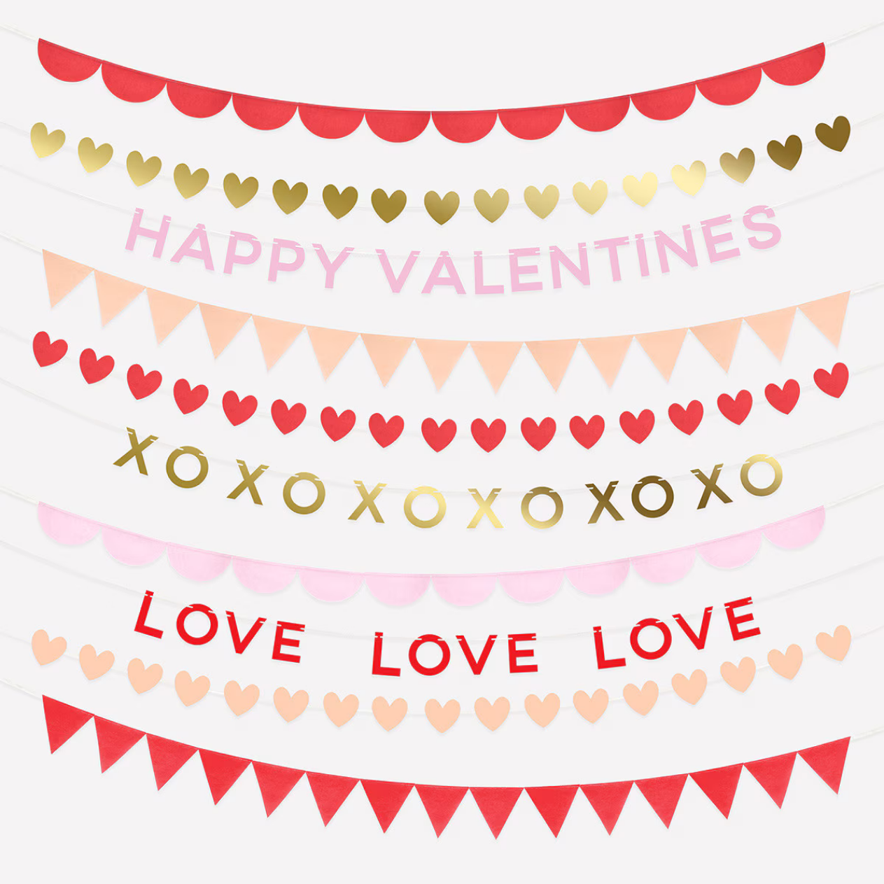 Valentine's Day-themed decorative banner with hearts, 'Happy Valentines', 'XOXO', and 'LOVE' text on a white background.