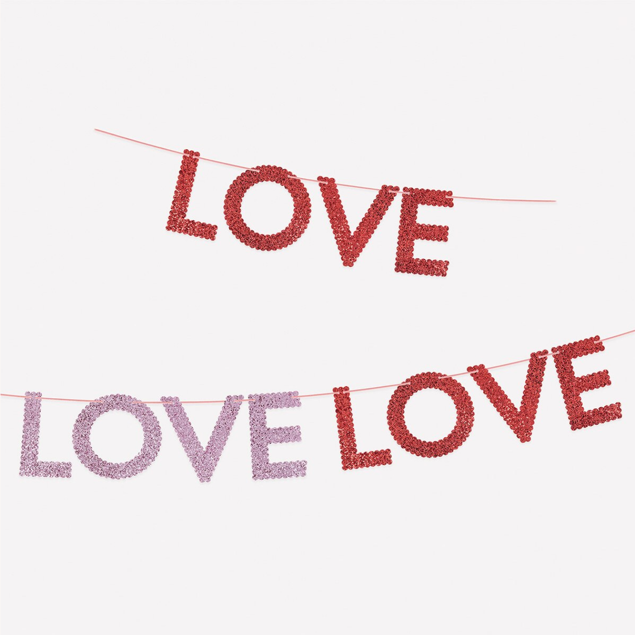 Red and pink 'LOVE' banner on a white background