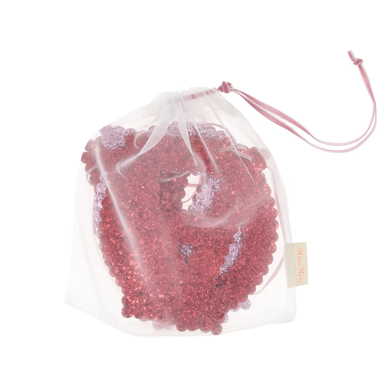 Clear drawstring bag filled with pink beads on a white background