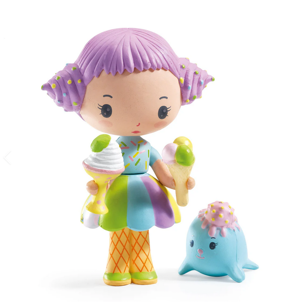 Toy figure with purple hair and ice cream cone on a white background, with DJECO branding.