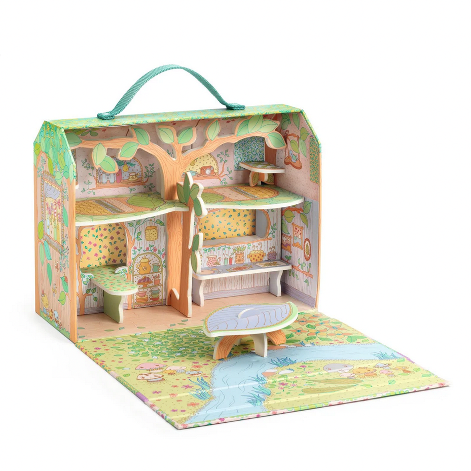 Dollhouse in a box with a colorful design on a white background
