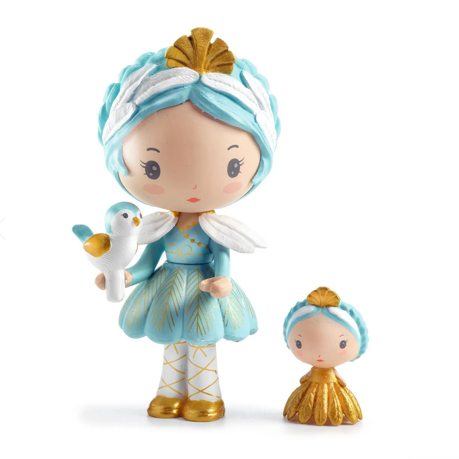 Toy figure with blue hair and dress holding a bird