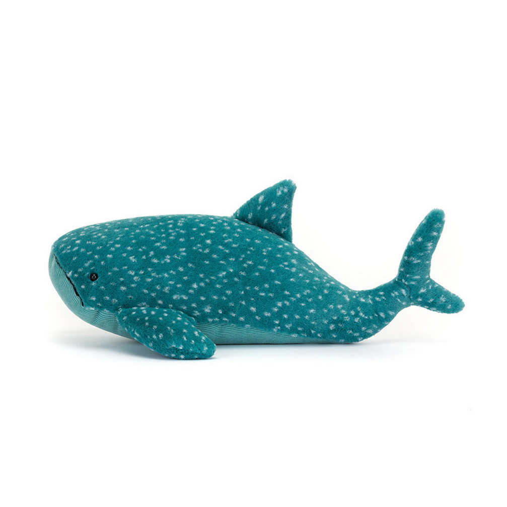 Stuffed whale shark toy on a white background with product details.