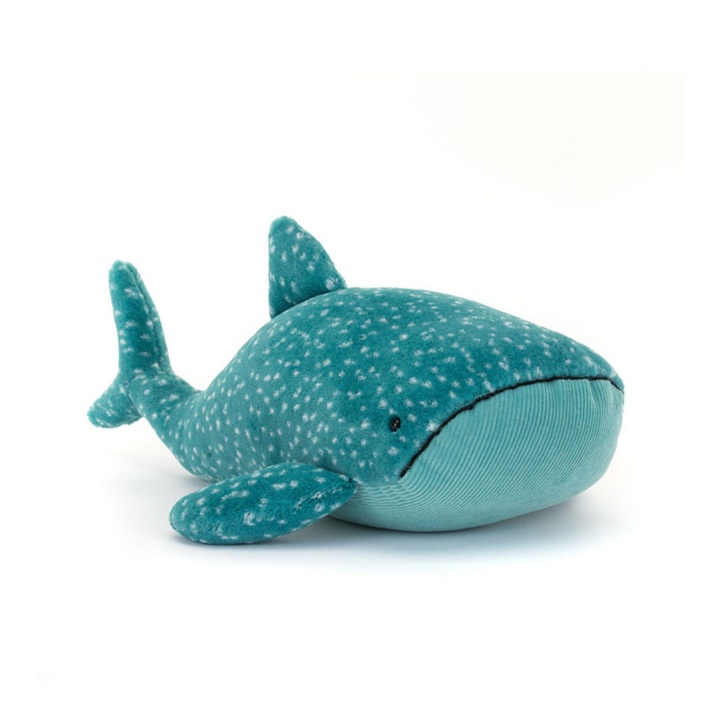 Blue whale shark plush toy on a white background with product details below.