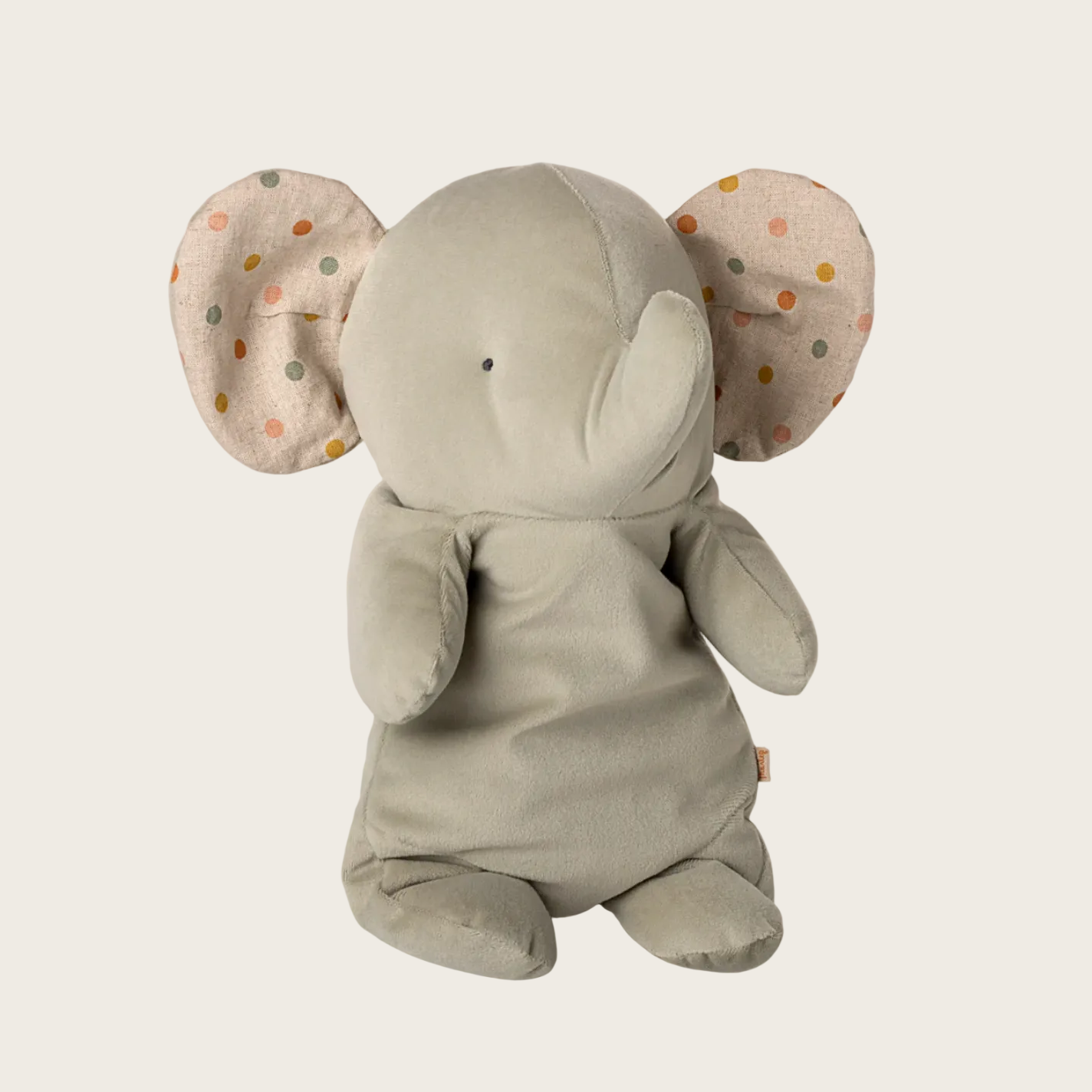 Gray elephant plush toy with polka dot ears 
