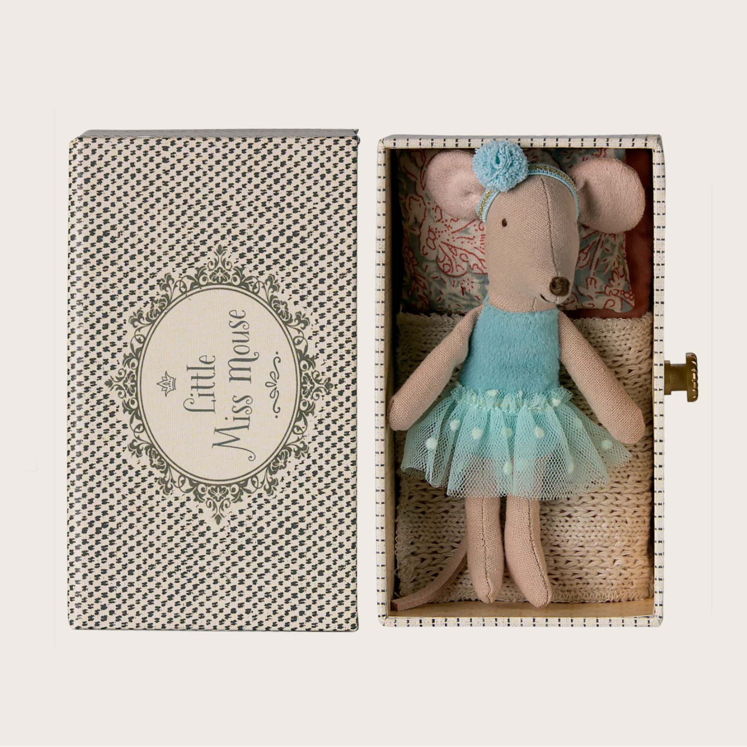 Stuffed toy mouse in a box with 'Little Miss Mouse' packaging
