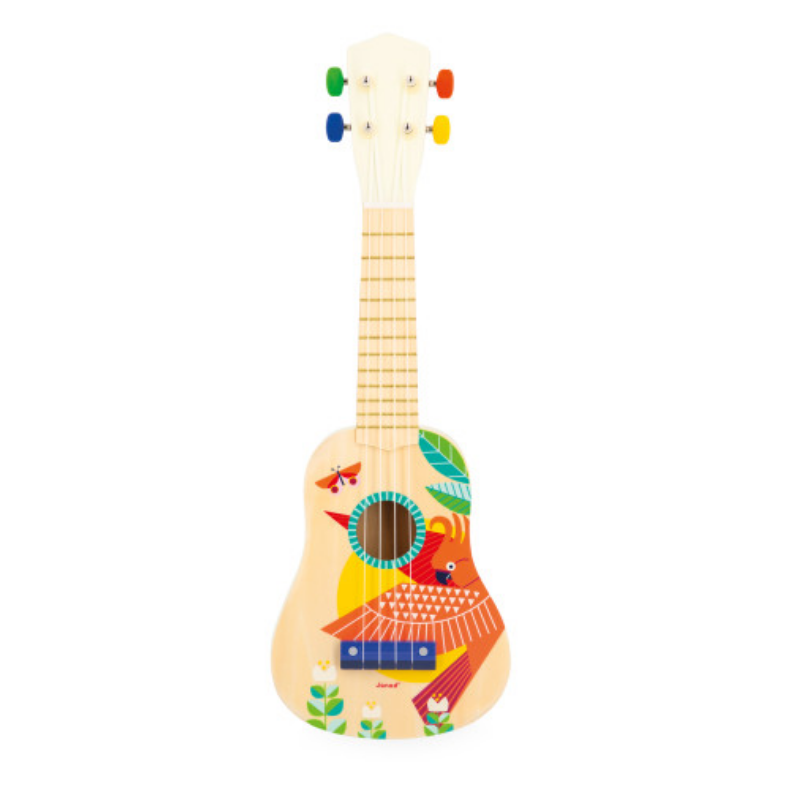Colorful toy guitar with a bird design on a white background