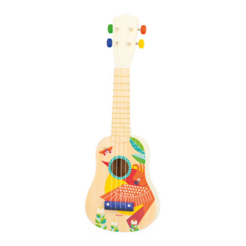 Colorful toy guitar with a floral design on a white background