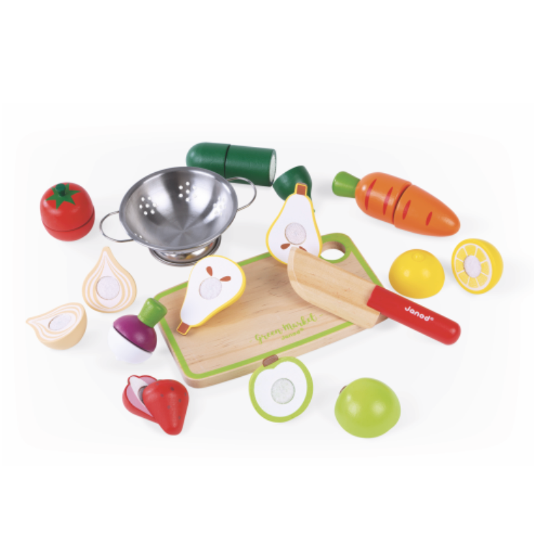 Set of toy fruits and vegetables on a white background