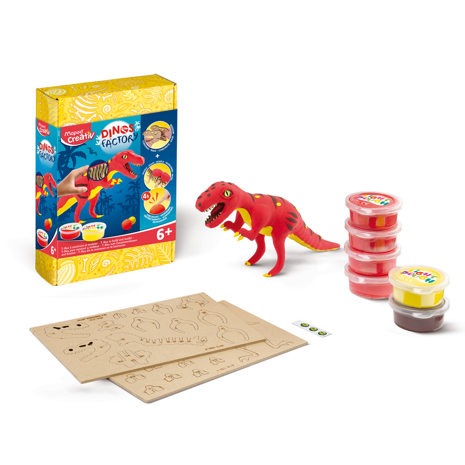 Children's dinosaur toy set with packaging on a white background