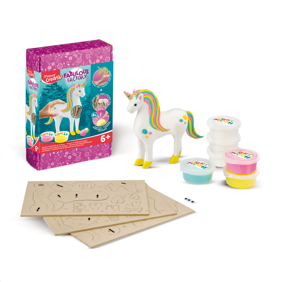 Unicorn-themed craft kit with packaging, unicorn figurine, and supplies on a white background