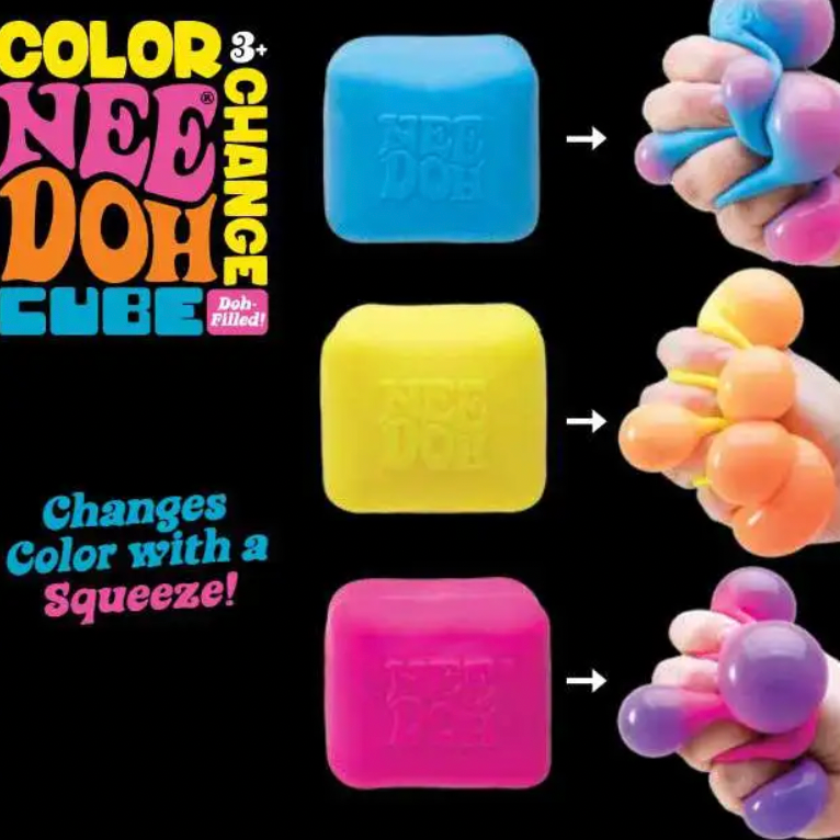 Color Changing Doh Cube packaging with text and images of hands squeezing the cube in various colors.