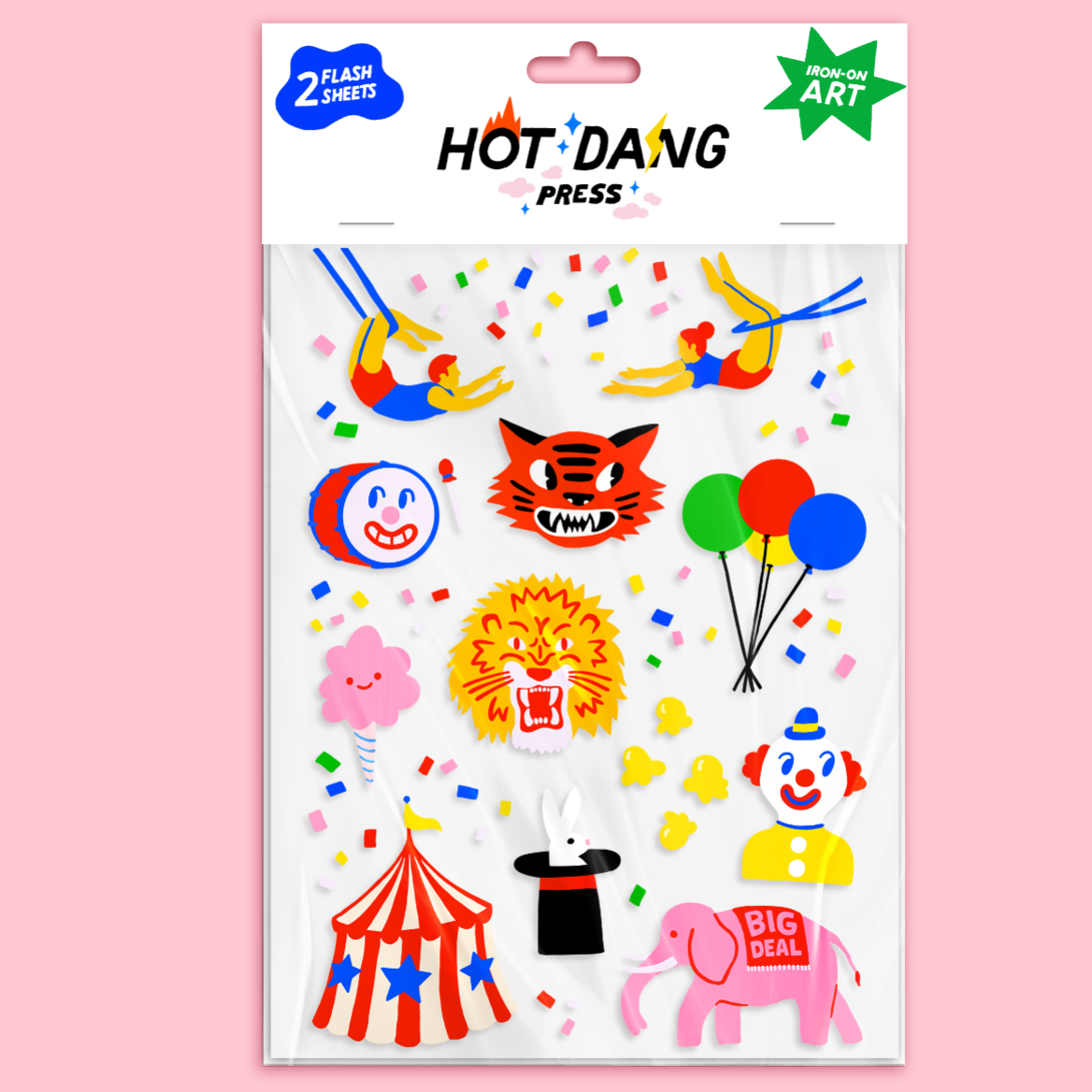 Hot Dang Press iron-on art sheet with colorful circus-themed designs on a pink background