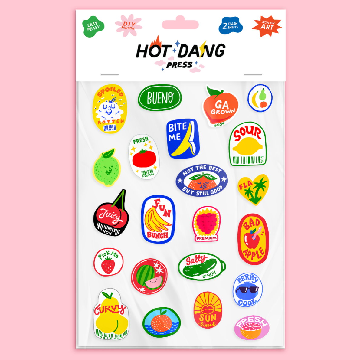 Sheet of colorful stickers with various designs on a pink background, featuring the brand 'Hot Dang Press'.