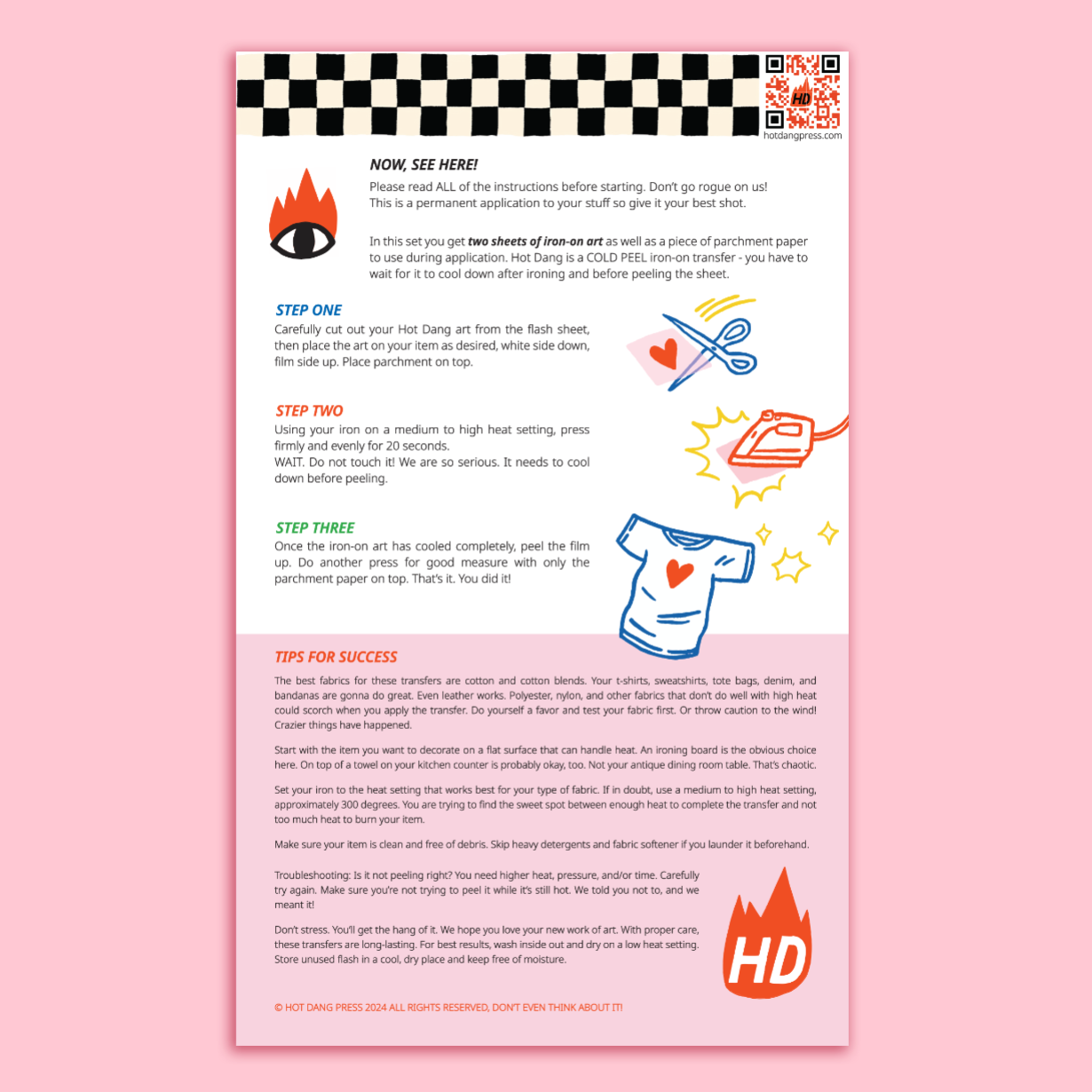 Instructions sheet for a heat transfer vinyl application on a pink background
