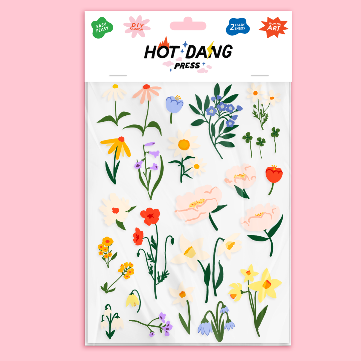 Sheet of floral stickers with 'Hot Dang Press' branding on a pink background