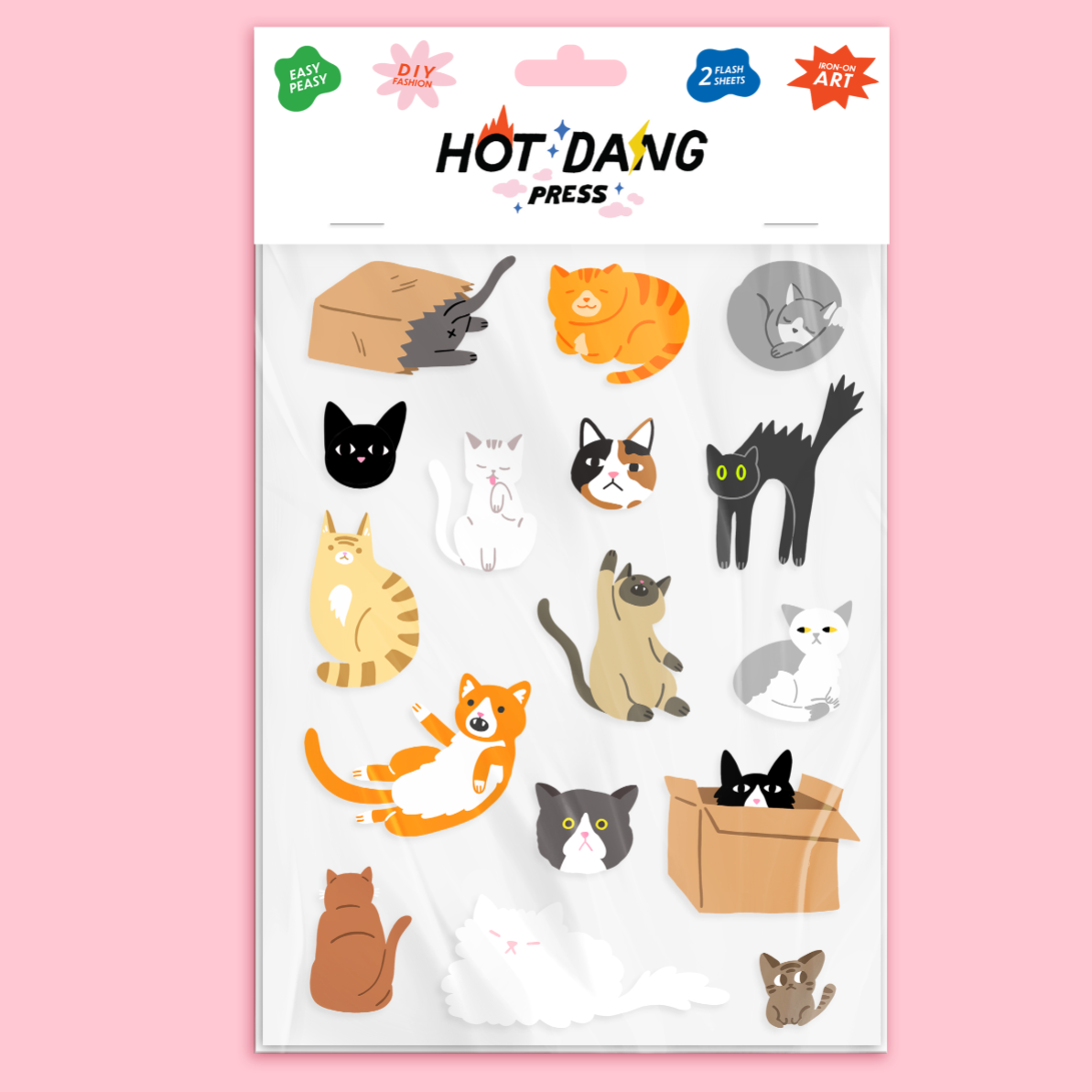Sheet of cat-themed stickers by Hot Dang Press on a pink background