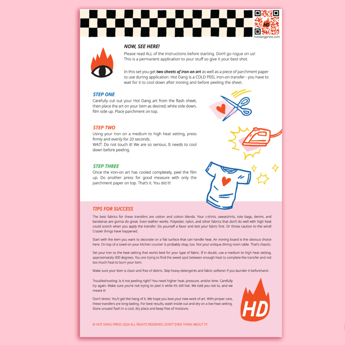 Instructions for a heat transfer application on fabric with illustrations and text on a pink background.