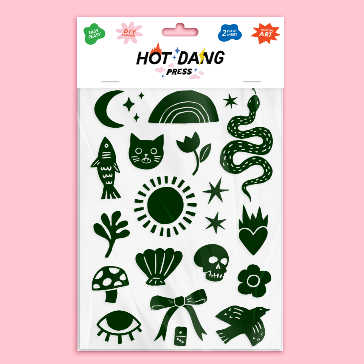 Sheet of black illustrations with various designs on a pink background, featuring the brand 'Hot Dang Press'.
