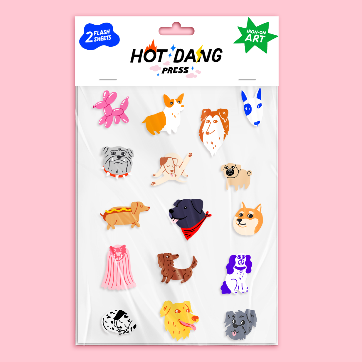 Pack of Hot Dang Press dog-themed stickers on a pink background