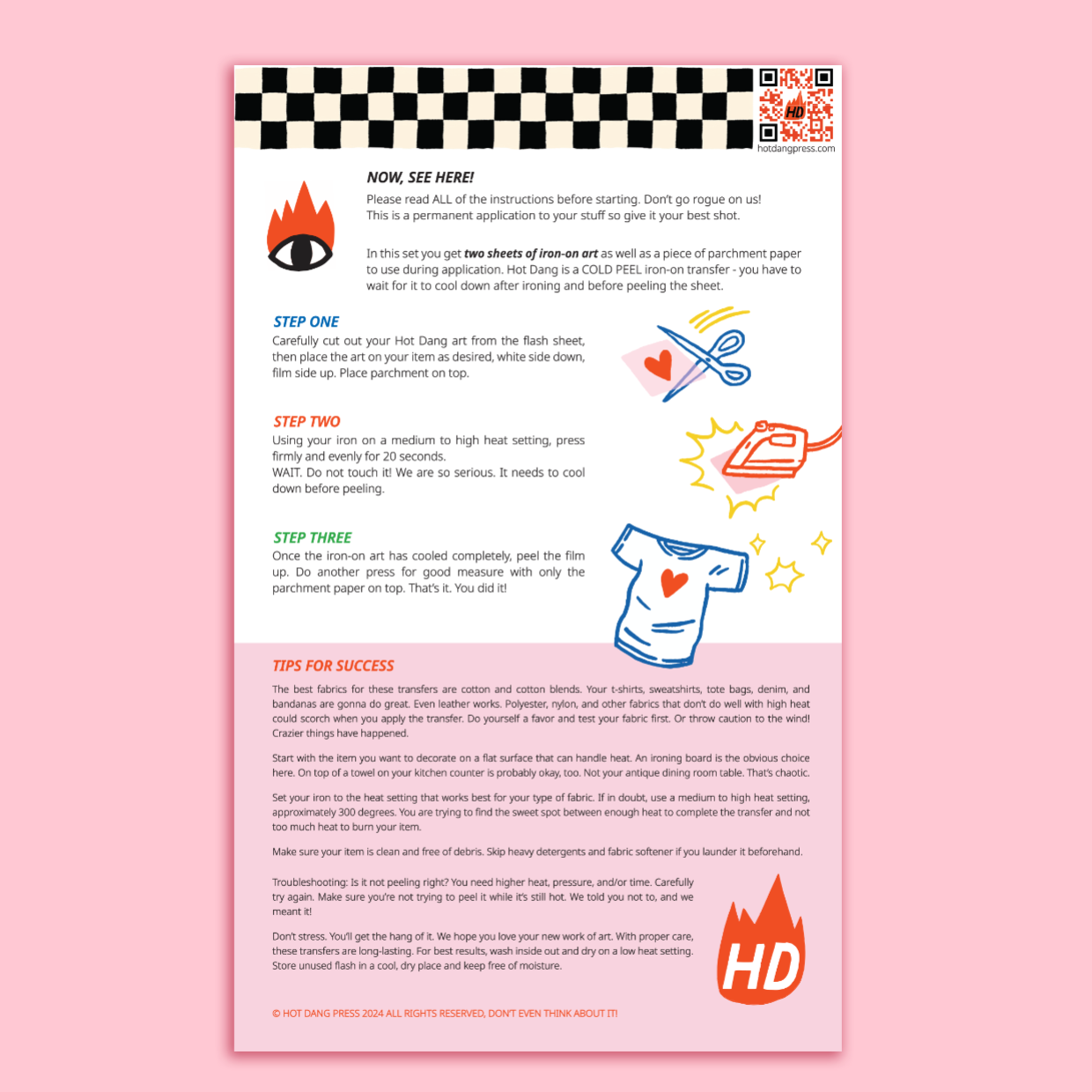 Instructions sheet for iron-on transfer with colorful graphics on a pink background