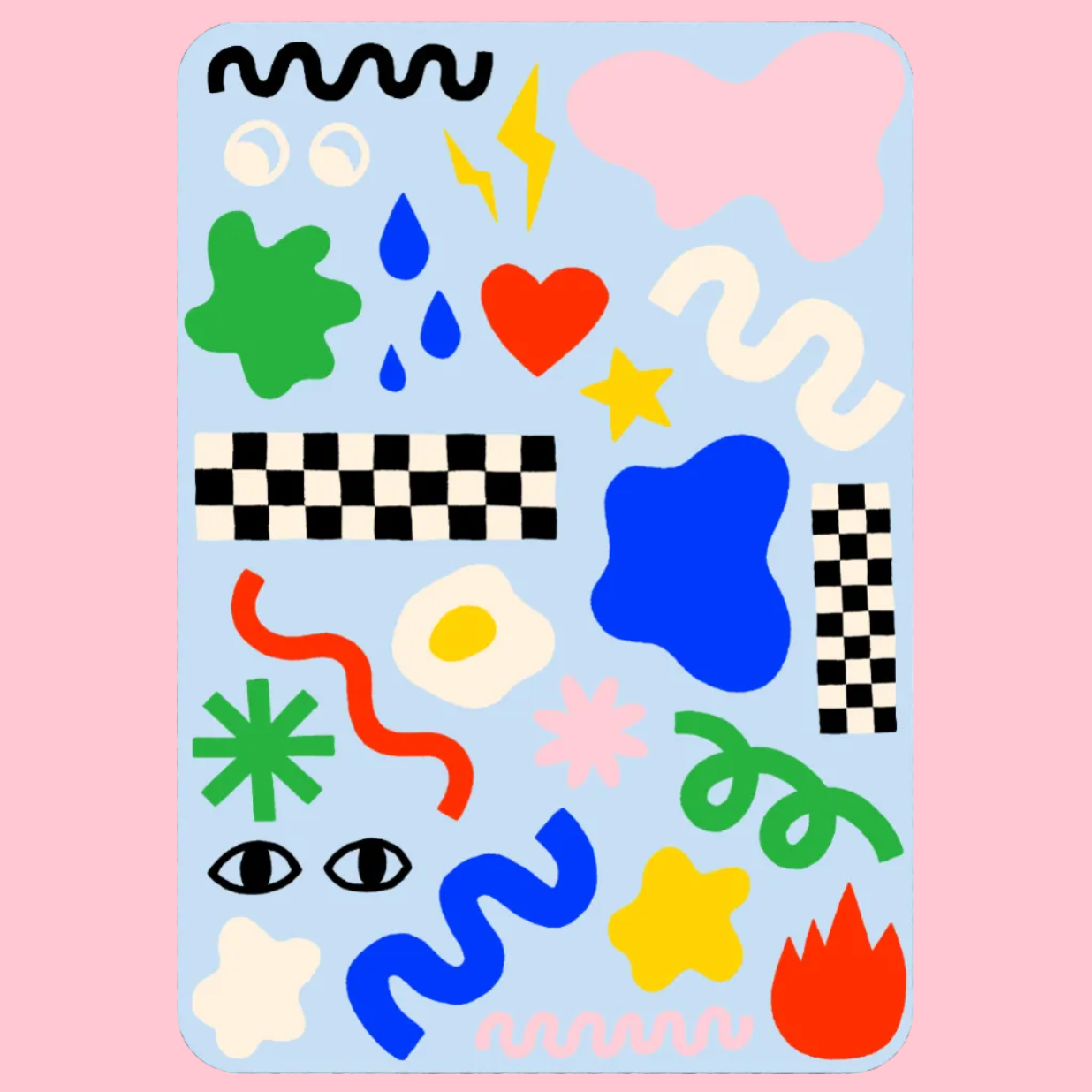 Colorful abstract stickers on a light blue background with a pink border
