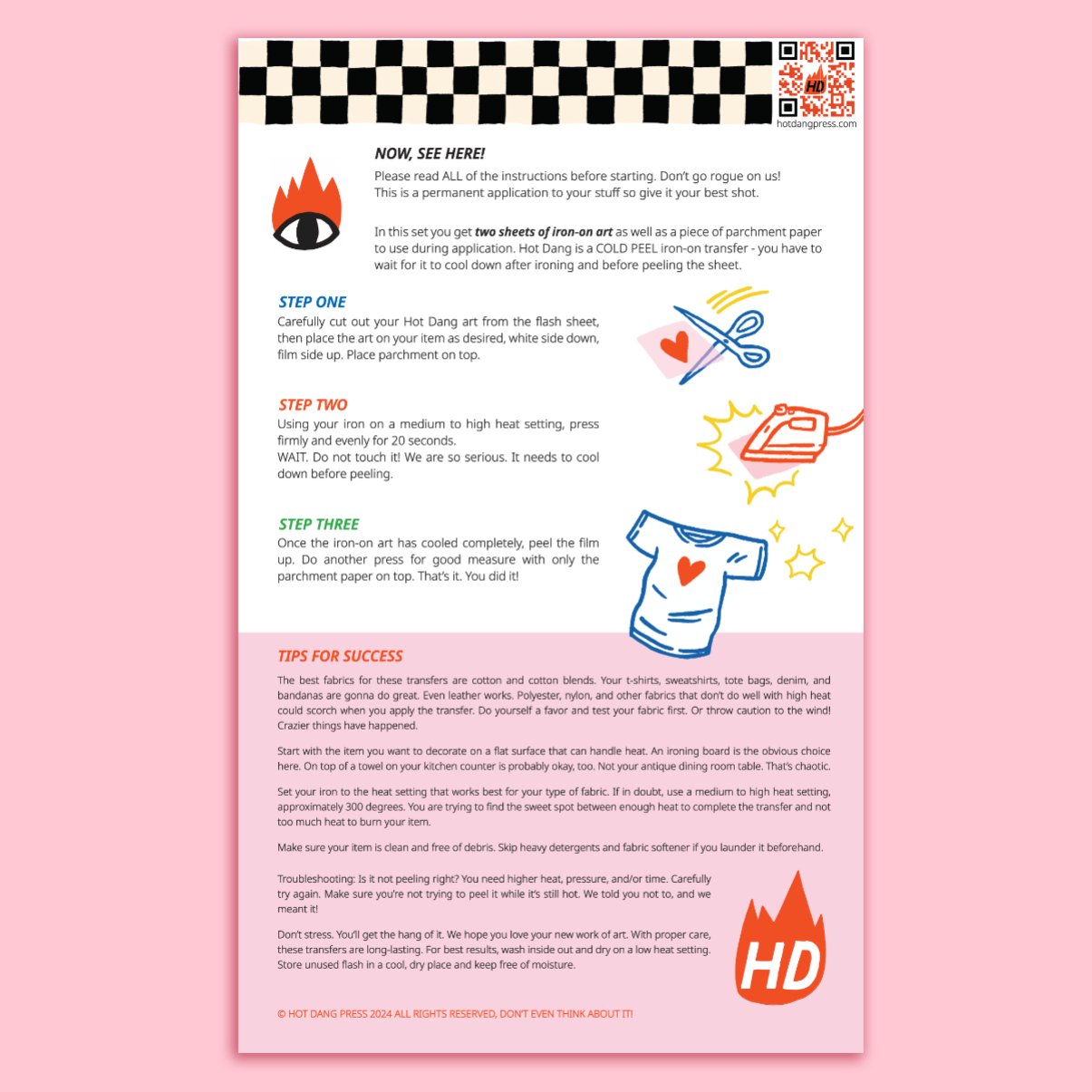 Instructions sheet for iron-on transfer with colorful graphics on a pink background