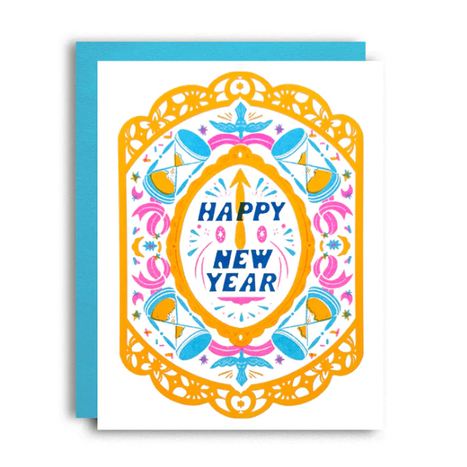 Greeting card with 'Happy New Year' text and decorative border on a white background