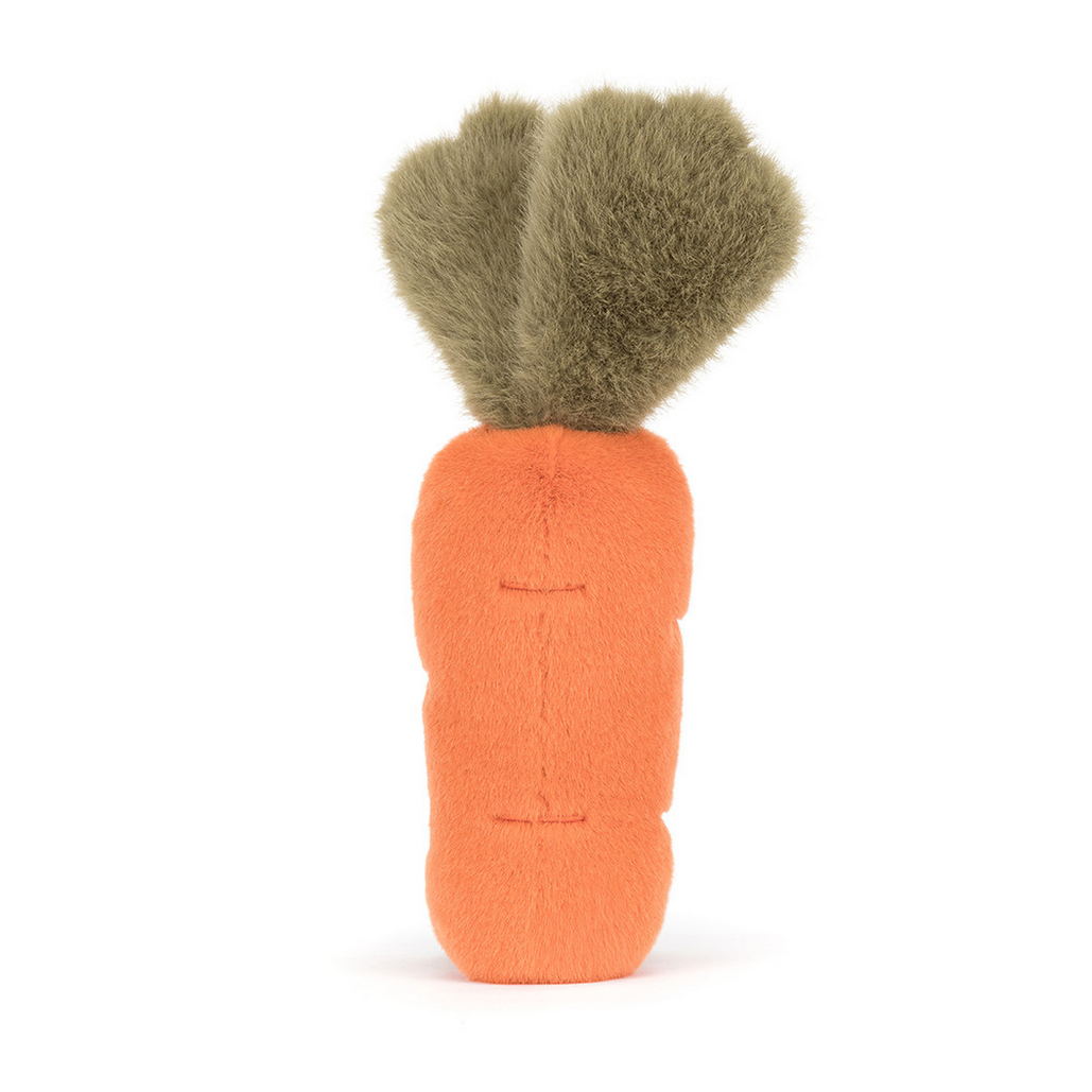 Carrot-shaped toy with fluffy top on a white background
