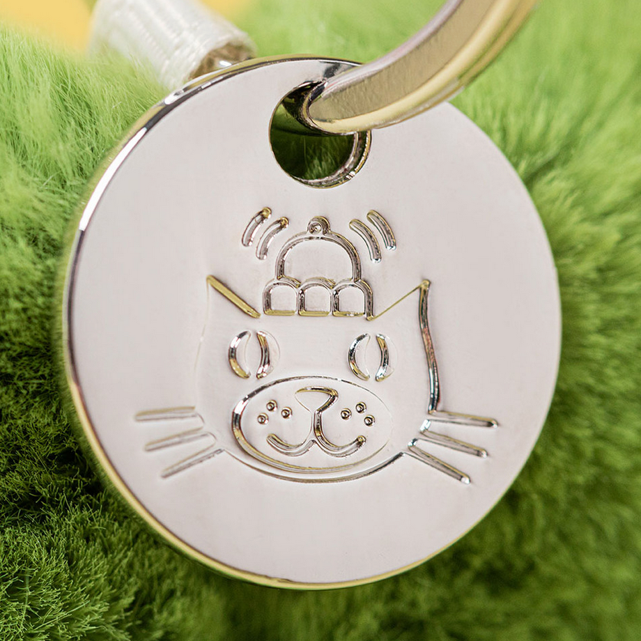 Silver pet tag with a cat design on a green fabric background