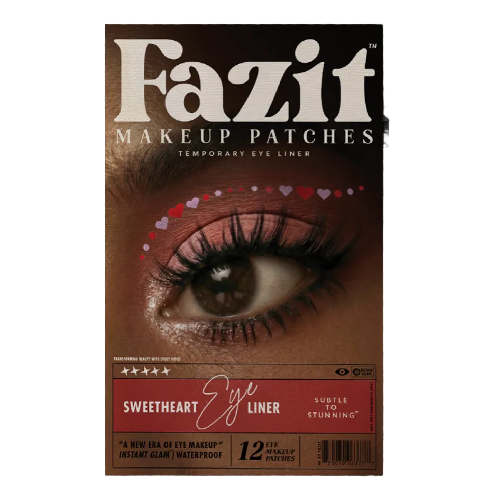 Packaging of Fazit makeup patches with an eye design on a black background