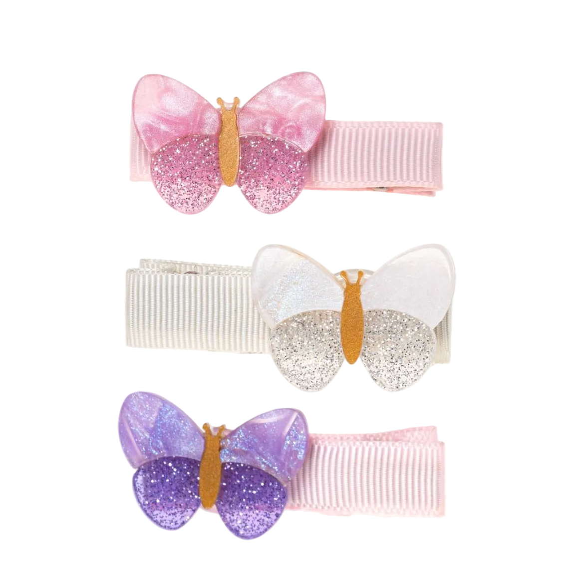 Three butterfly-themed hair clips on a white background