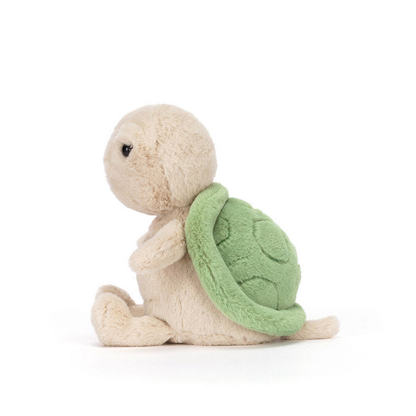 Stuffed toy turtle with a green shell on a white background