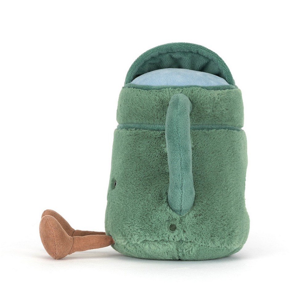Green plush watering can toy on a white background