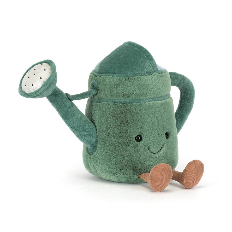 Plush toy watering can with a smiling face on a white background