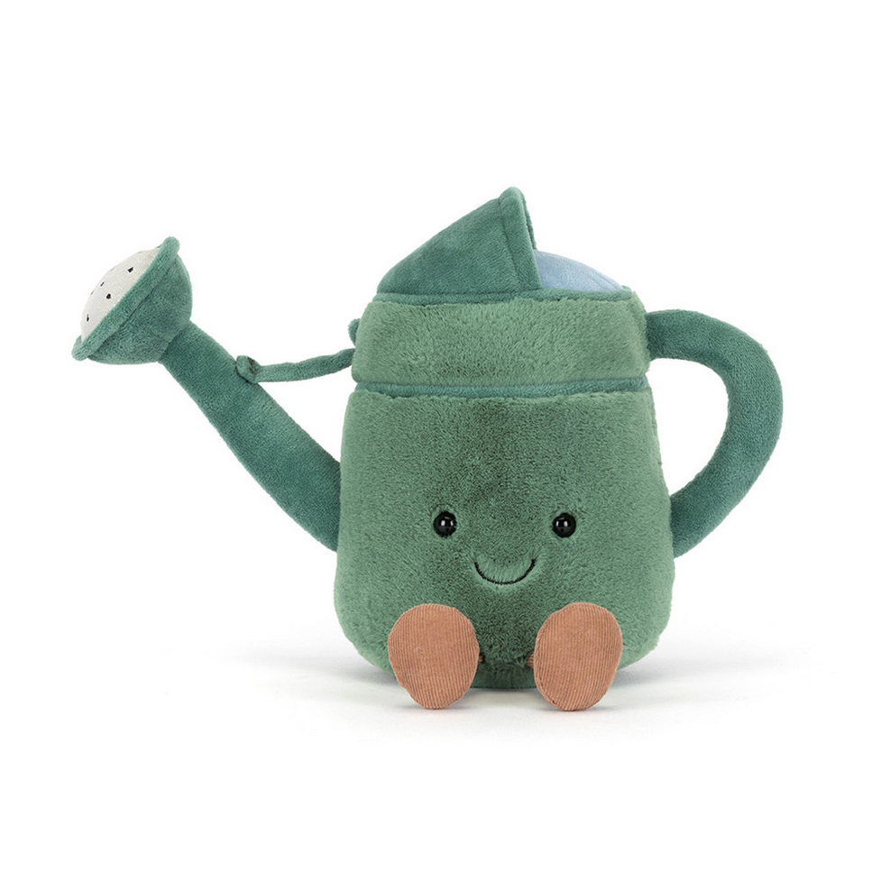 Plush toy watering can with a smiling face on a white background