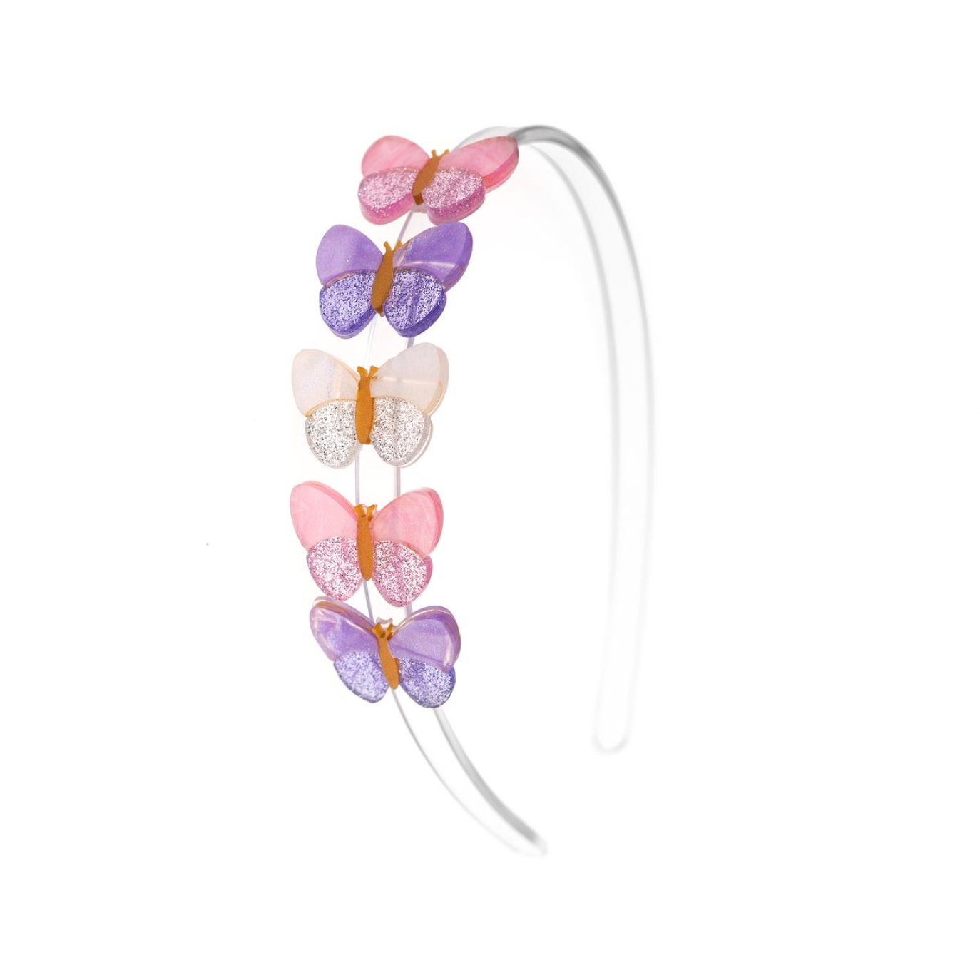 Headband with colorful butterfly clips on a white background