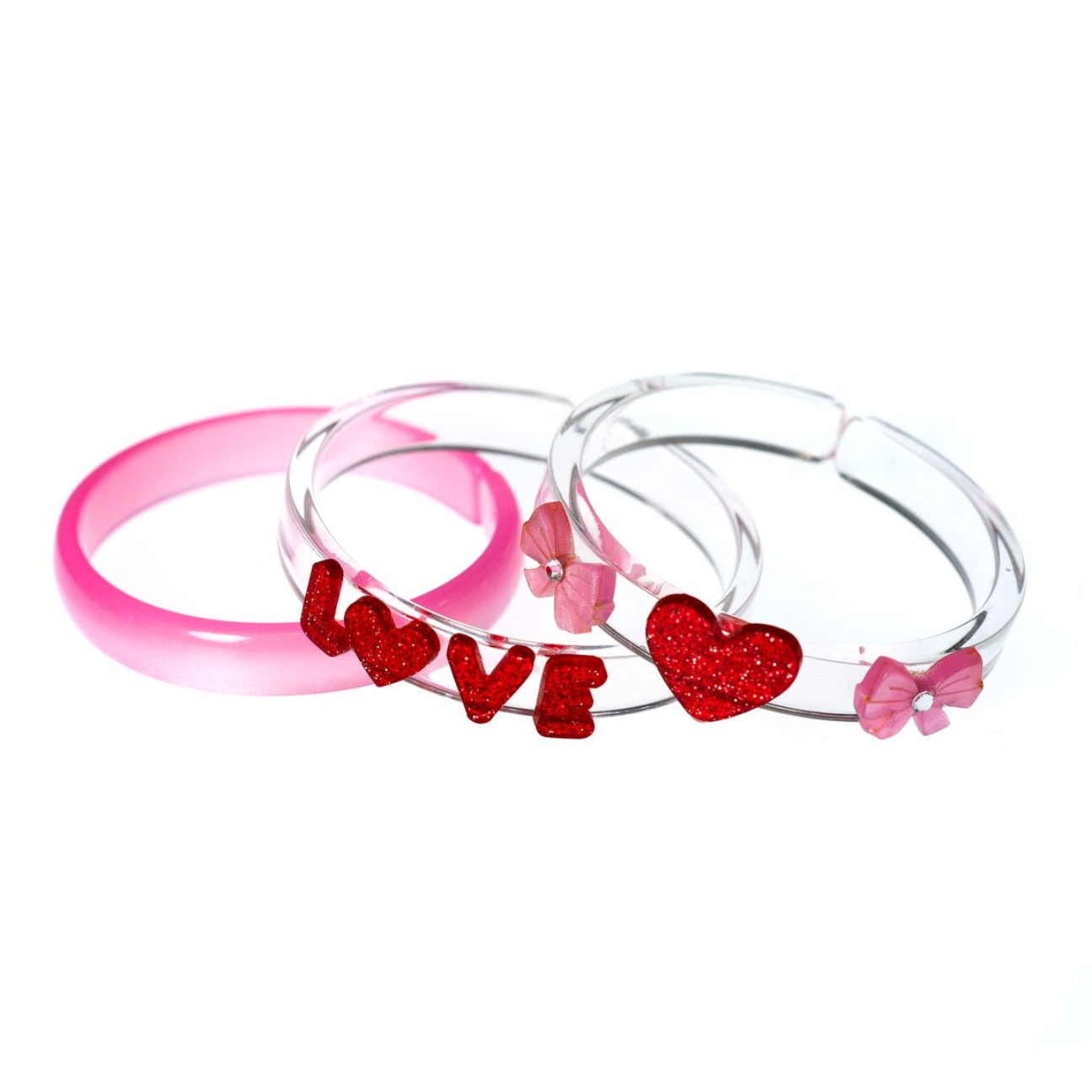 Two bracelets with pink and clear bands, one featuring red 'LOVE' letters and a heart, the other with a pink bow on a white background.