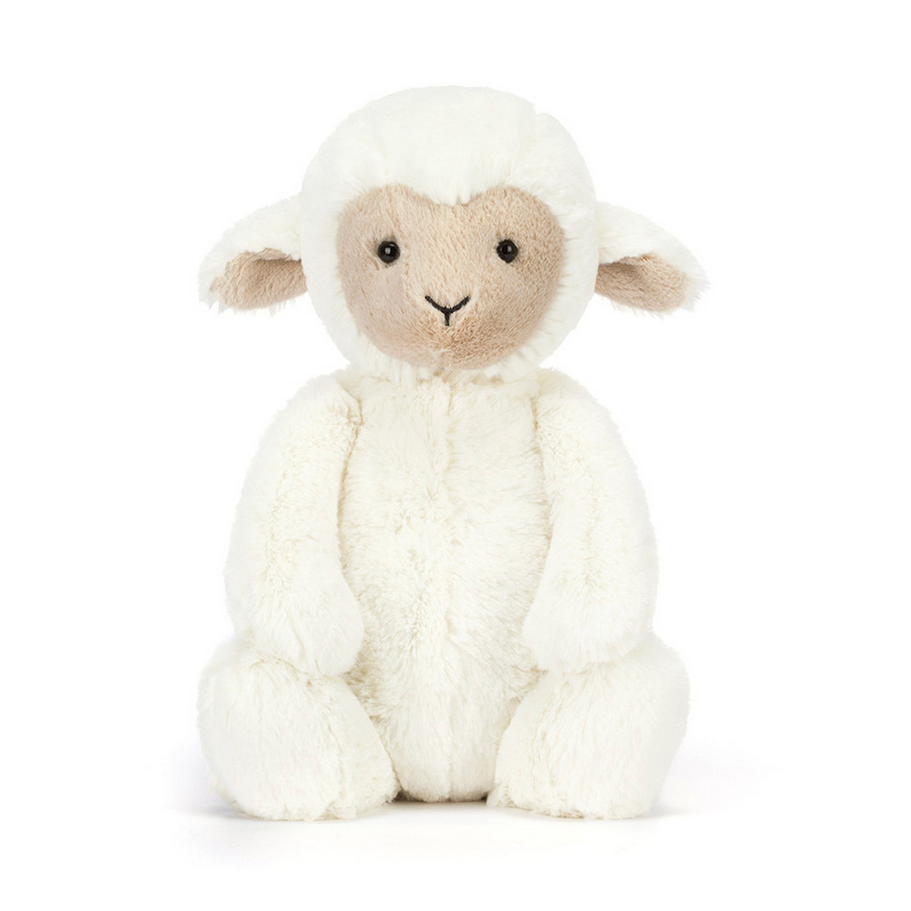 White stuffed lamb toy named 'Skipson Lamb' on a white background