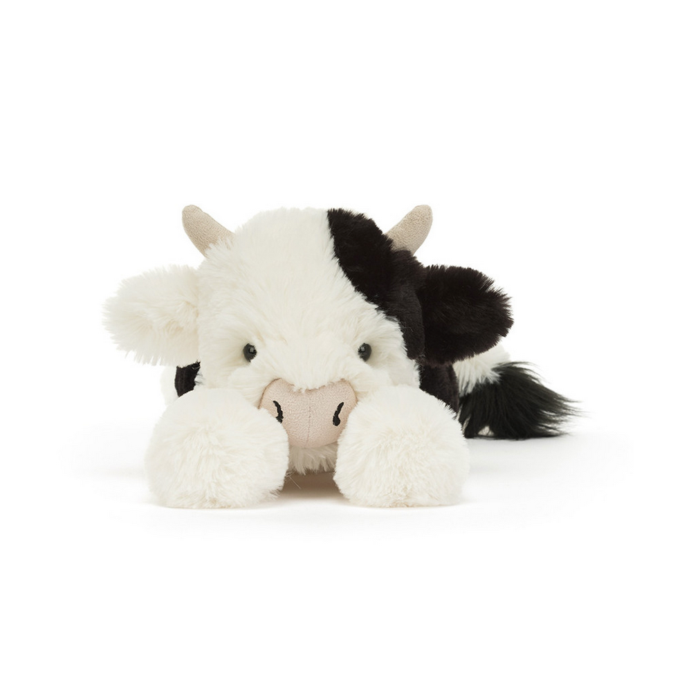Plush cow toy labeled 'Smudge Cow' on a white background